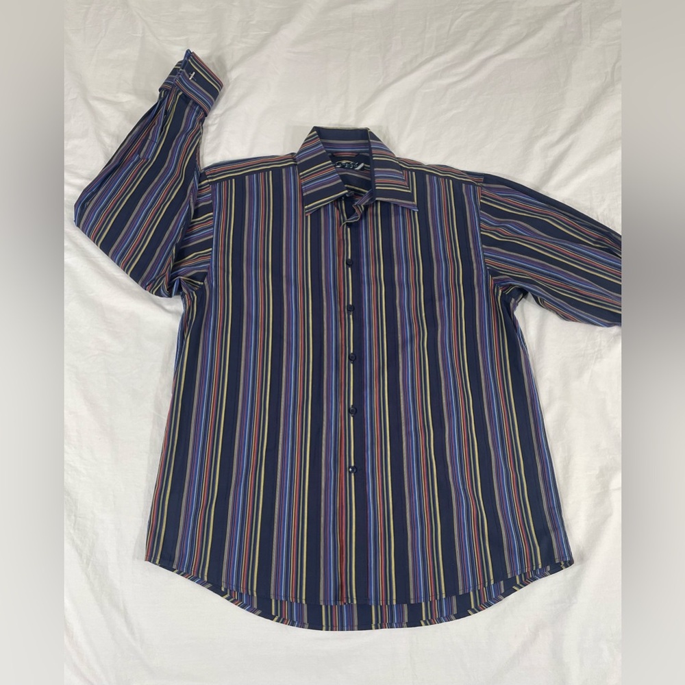 Lanzino Mens Multicolor Striped Long Sleeve Button Up Shirt Size M